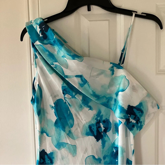 NWT Donna Karan Women's Blue Abstract Floral Printed One-Shoulder Draped Dress 6 - Picture 8 of 11